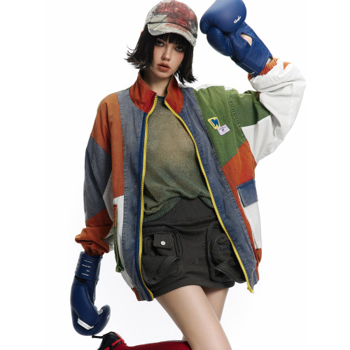 HETYY男女同款美式拼接撞色外套春秋新款立領夾克寬鬆小衆上衣潮