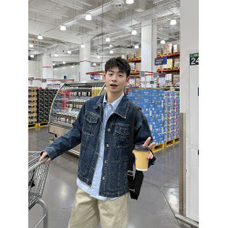 暗物質藍色繙領紐釦牛仔外套男生春季新款寬鬆復古工裝風夾克男