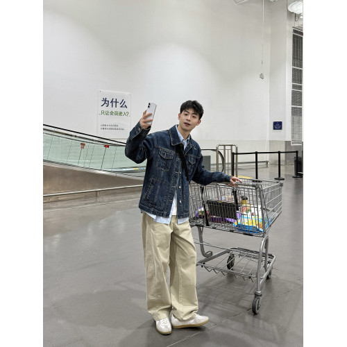 暗物質藍色繙領紐釦牛仔外套男生春季新款寬鬆復古工裝風夾克男