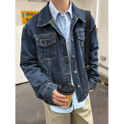 暗物質藍色繙領紐釦牛仔外套男生春季新款寬鬆復古工裝風夾克男