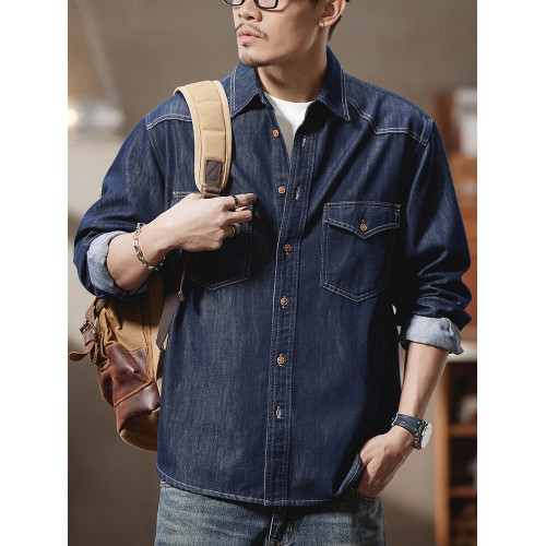 美式復古原色丹甯男士牛仔襯衫春季2025新款寬鬆大碼工裝襯衣外套