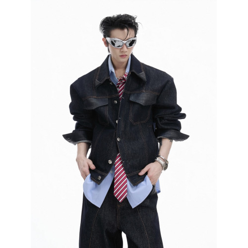 美式復古拼接原色短款牛仔套裝男秋冬季百搭設計感百搭牛仔外套