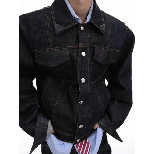 美式復古拼接原色短款牛仔套裝男秋冬季百搭設計感百搭牛仔外套