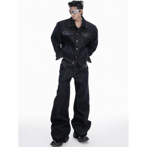 美式復古拼接原色短款牛仔套裝男秋冬季百搭設計感百搭牛仔外套