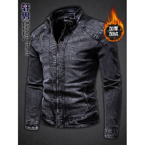 秋冬加絨保暖牛仔外套中年男士立領潮流韓版修身復古夾克牛仔上衣