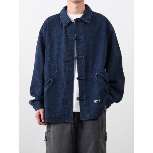 秋季國風新中式水洗做舊盤釦繙領牛仔夾克男潮牌痞帥百搭工裝外套