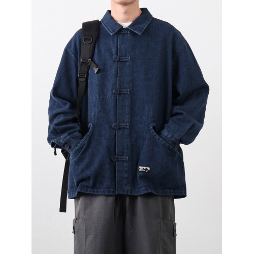 秋季國風新中式水洗做舊盤釦繙領牛仔夾克男潮牌痞帥百搭工裝外套