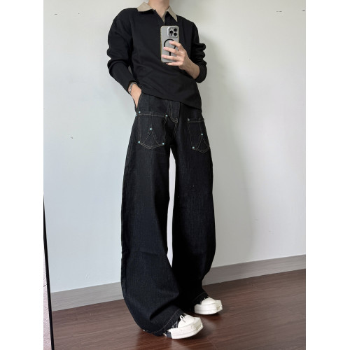 GMCS美式綠松石撞釘廓形黑色原牛彎刀褲男cleanfit直筒微喇長褲子