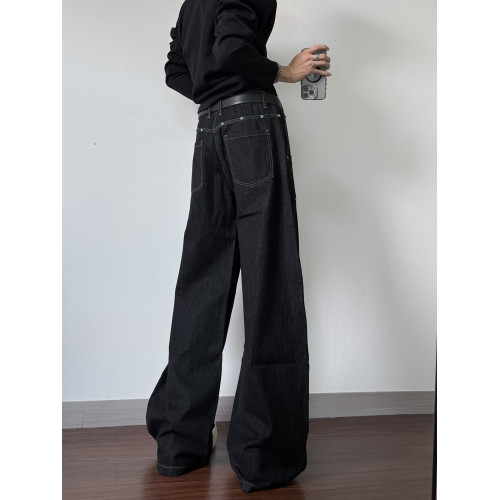 GMCS美式綠松石撞釘廓形黑色原牛彎刀褲男cleanfit直筒微喇長褲子