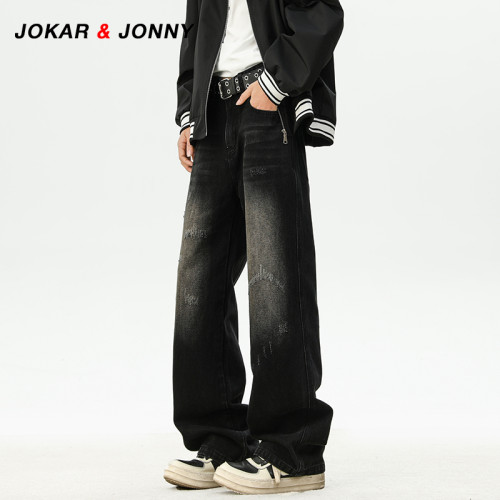 JOKAR&JONNY美式復古水洗做舊牛仔褲男秋季潮牌直筒寬鬆休閒長褲