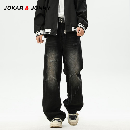 JOKAR&JONNY美式復古水洗做舊牛仔褲男秋季潮牌直筒寬鬆休閒長褲