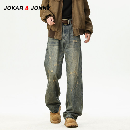 JOKAR&JONNY美式復古水洗做舊牛仔褲男秋季潮牌直筒寬鬆休閒長褲
