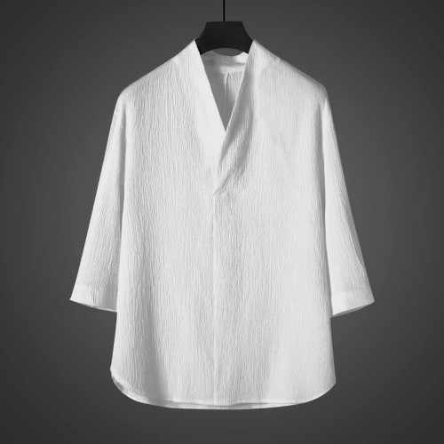 中式夏季男復古T恤寬鬆大碼褶皺上衣薄款透氣休閒兩件套百搭長褲