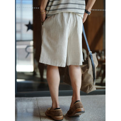 日系復古高品質親膚抗皺亞麻短褲男夏季潮流新款松緊腰純色五分褲