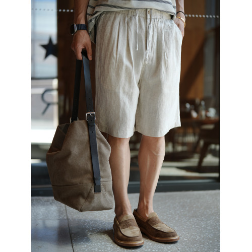 日系復古高品質親膚抗皺亞麻短褲男夏季潮流新款松緊腰純色五分褲