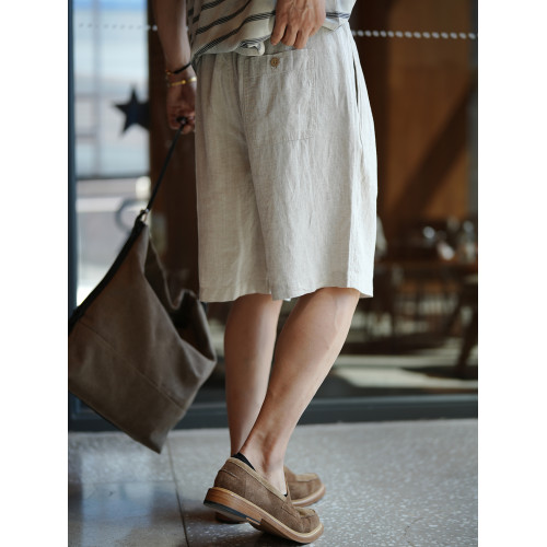 日系復古高品質親膚抗皺亞麻短褲男夏季潮流新款松緊腰純色五分褲