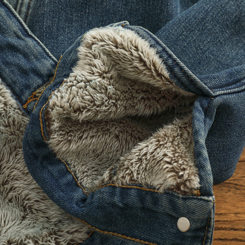 秋冬新款加絨加厚植絨內裡保暖牛仔外套男經典款美式復古工裝夾克