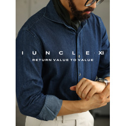 IUNCLEXI【西部皮卡】經典丹甯酵素洗牛仔襯衫男士一字領長袖襯衣