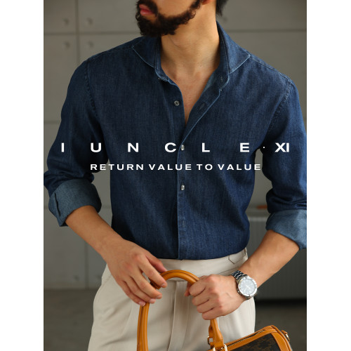 IUNCLEXI【西部皮卡】經典丹甯酵素洗牛仔襯衫男士一字領長袖襯衣