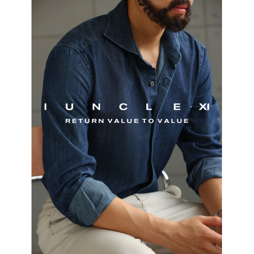 IUNCLEXI【西部皮卡】經典丹甯酵素洗牛仔襯衫男士一字領長袖襯衣