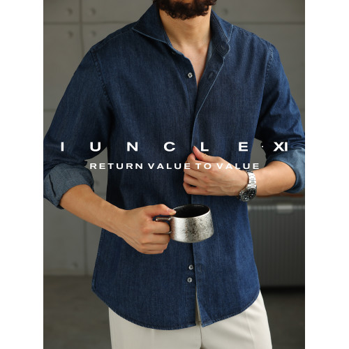 IUNCLEXI【西部皮卡】經典丹甯酵素洗牛仔襯衫男士一字領長袖襯衣