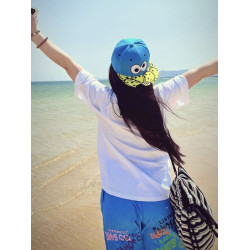 多巴胺藍色速乾短褲男女夏季薄款美式字母塗鴉印花五分褲子沙灘褲