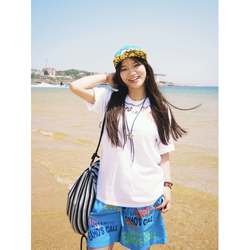 多巴胺藍色速乾短褲男女夏季薄款美式字母塗鴉印花五分褲子沙灘褲