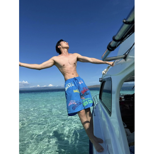 多巴胺藍色速乾短褲男女夏季薄款美式字母塗鴉印花五分褲子沙灘褲