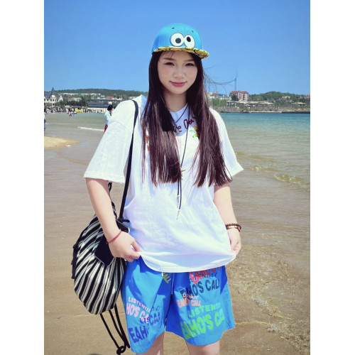 多巴胺藍色速乾短褲男女夏季薄款美式字母塗鴉印花五分褲子沙灘褲