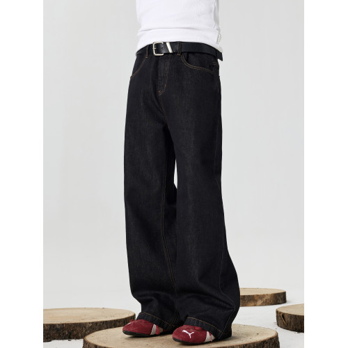 GTRG復古黑藍色丹甯寬鬆A字茶色明線不掉色14.2盎司原色牛仔長褲