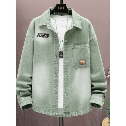 GZAF牛仔長袖襯衫外套男秋冬青少年印花百搭休閒大童上衣寬鬆夾克