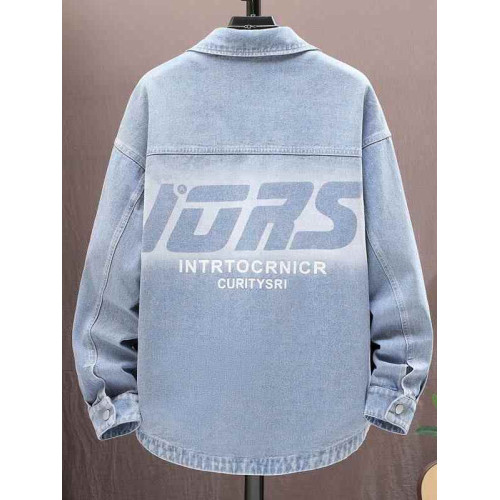 GZAF牛仔長袖襯衫外套男秋冬青少年印花百搭休閒大童上衣寬鬆夾克