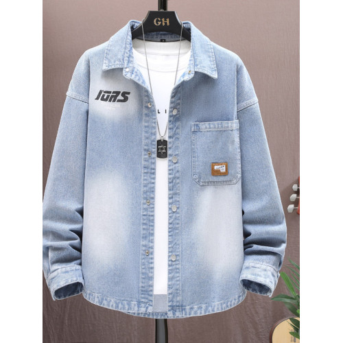 GZAF牛仔長袖襯衫外套男秋冬青少年印花百搭休閒大童上衣寬鬆夾克