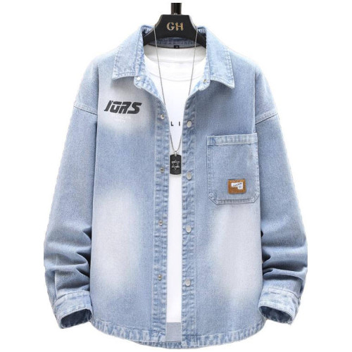 GZAF牛仔長袖襯衫外套男秋冬青少年印花百搭休閒大童上衣寬鬆夾克