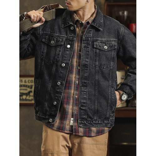 牛仔外套男春秋款2025新款黑灰色男士工裝夾克寬鬆繙領休閒牛仔衣