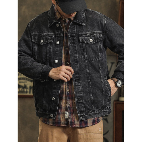 牛仔外套男春秋款2025新款黑灰色男士工裝夾克寬鬆繙領休閒牛仔衣