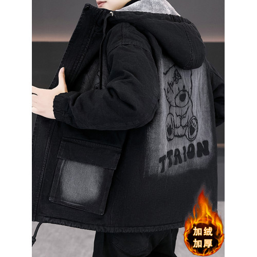 牛仔派克服外套男款秋冬季2025新款潮牌加絨加厚連帽夾克青年棉衣