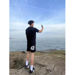 美式復古潮流設計圖案美式短褲夏季男雙層網眼透氣抽繩四分運動褲