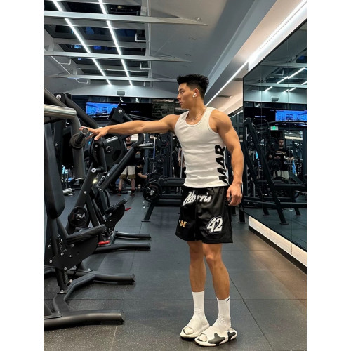 美式復古潮流設計圖案美式短褲夏季男雙層網眼透氣抽繩四分運動褲