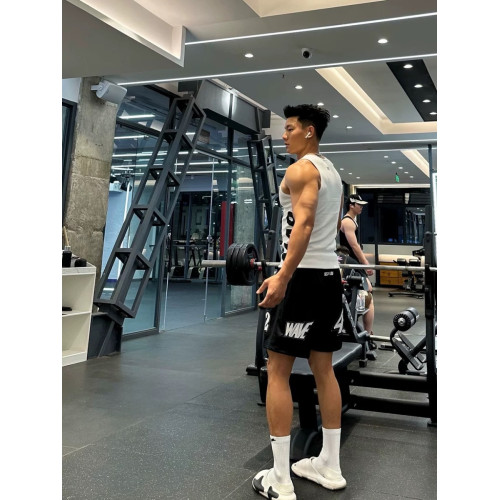 美式復古潮流設計圖案美式短褲夏季男雙層網眼透氣抽繩四分運動褲