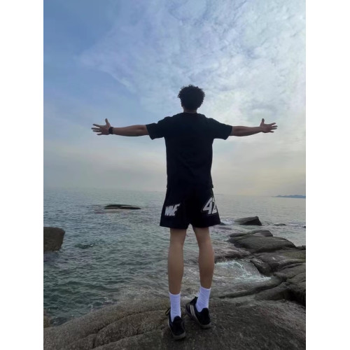 美式復古潮流設計圖案美式短褲夏季男雙層網眼透氣抽繩四分運動褲