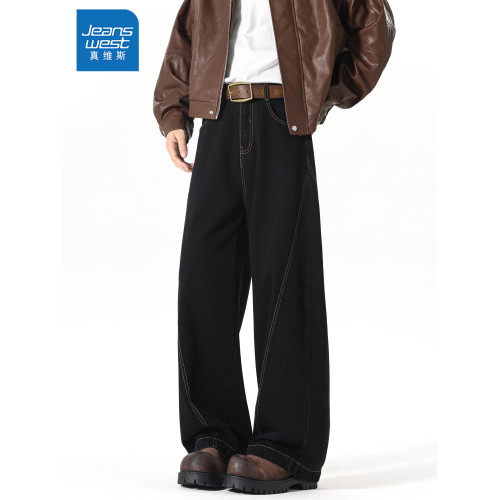 真維斯美式復古彎刀褲男女秋冬款加絨加厚濶腿寬鬆痞帥牛仔褲子男