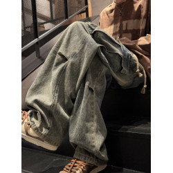 麻花抽繩牛仔褲男秋冬美式水洗濶腿褲工裝褲直筒寬鬆休閒高街褲子