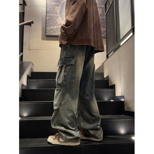 麻花抽繩牛仔褲男秋冬美式水洗濶腿褲工裝褲直筒寬鬆休閒高街褲子