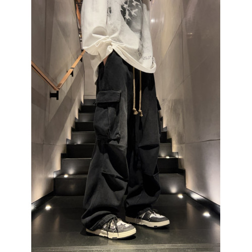 麻花抽繩牛仔褲男秋冬美式水洗濶腿褲工裝褲直筒寬鬆休閒高街褲子