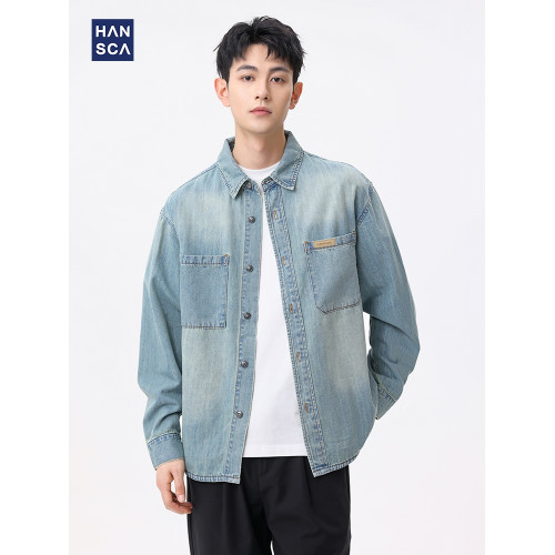 hansca天絲萊賽爾竹節牛仔襯衫男款2025秋季美式復古水洗襯衣外套