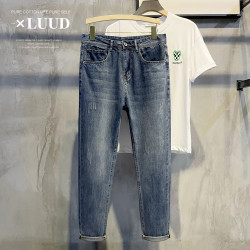 LUUD 新款簡約復古小直筒長褲韓版個性貓抓破男士懷舊休閒牛仔褲