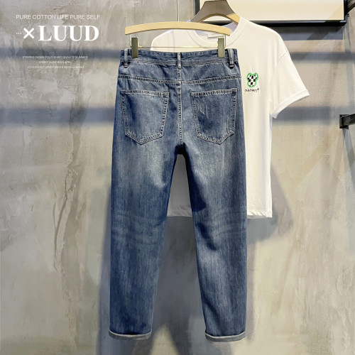LUUD 新款簡約復古小直筒長褲韓版個性貓抓破男士懷舊休閒牛仔褲