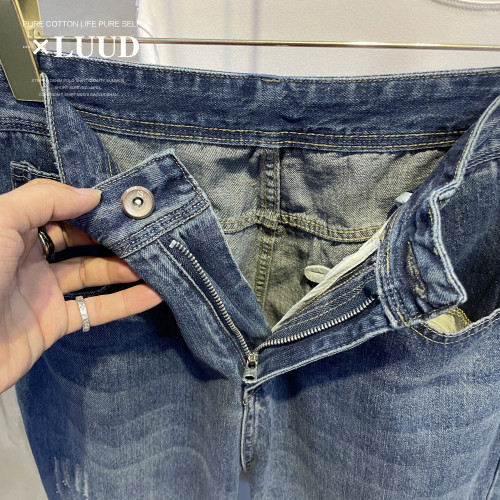 LUUD 新款簡約復古小直筒長褲韓版個性貓抓破男士懷舊休閒牛仔褲