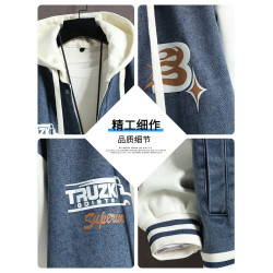 花花公子加絨加厚牛仔外套男士秋冬季新款青少年帥氣潮流連帽夾克